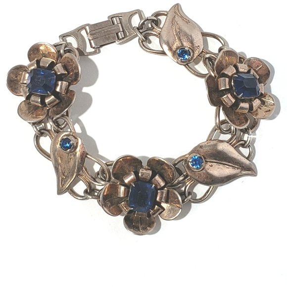 Estate Jewelry - Vintage Sterling Silver Vermeil Flower Link Blue Stone Bracelet #7904